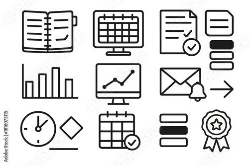 Seasonal Workflow Icons. Professional seasonal workflow planner linear icon set. agenda binder, desktop monitor calendar, meeting notes page, project timeline bar, data chart, task
