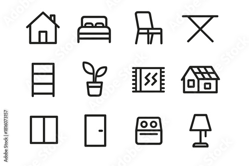 Minimal Living Icons. Minimal Living Icons linear icon set. house, bed, chair, foldable table, shelf, potted plant, rug, solar roof, window, door, compact stove, lamp