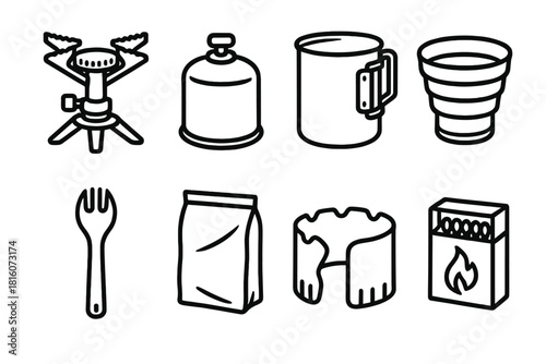 Backpacking Cooking Gear Icons. Backpacking Cooking Essentials linear icon set. lightweight stove, fuel canister, titanium pot, collapsible cup, spork, dry food pack, heat shield