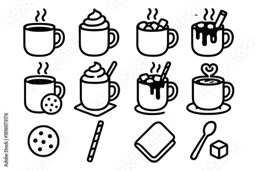 Cozy Drink Icons. Cozy Drinks linear icon set. steaming mug, whipped cream, marshmallows, cinnamon stick, chocolate drizzle, cookie, straw, saucer, napkin, spoon, sugar cube, heart