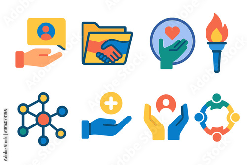 Collective Assistance Icons. Collective Assistance flat icon set: outreach card, shared folder, help icon, steady torch, connection web, aid symbol, supportive hand, community ring