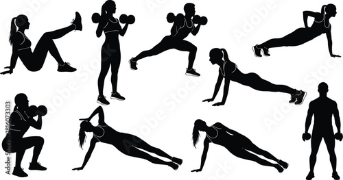 Silhouettes of male and female athletes doing various exercises, including squats, lunges, planks, and crunches, with and without dumbbells, representing 