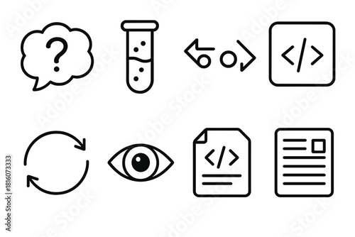 Research Process Icons. Research Methods Processes linear icon set: hypothesis bubble, test tube, compare arrows, variable icon, iteration loop, observation eye, coding sheet
