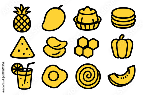 Yellow Food Icons. Yellow Food & Drink Set linear icon set: pineapple, mango, custard cup, macaron, tortilla chip, potato crisp, honeycomb treat, bell pepper, lemonade glass, egg