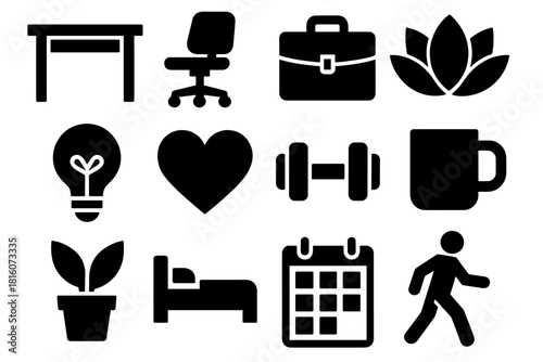 Balanced Living Icons. Balanced Living silhouette icon set. desk, chair, briefcase, lotus flower, light bulb, heart, dumbbell, coffee mug, plant, bed, calendar, walking person