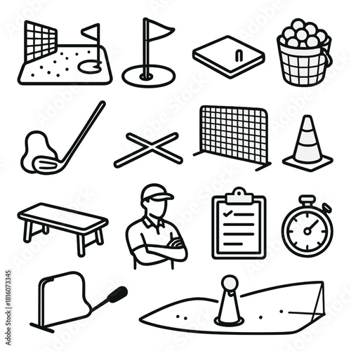 Driving Range Icons. Practice range setup linear icon set. driving range, target flag, mat, bucket of balls, swing trainer, stance marker, net, cone, bench, coach, clipboard, timer
