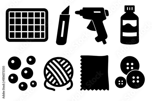 Bold Craft Icons. DIY Craft Set silhouette icon set. cutting mat, craft knife, glue gun, paint, beads, string, fabric, buttons.
