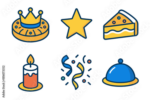 Three Kings Icons. Three Kings Celebration flat icons set. crown cake, star, pastry slice, candle, confetti, serving tray