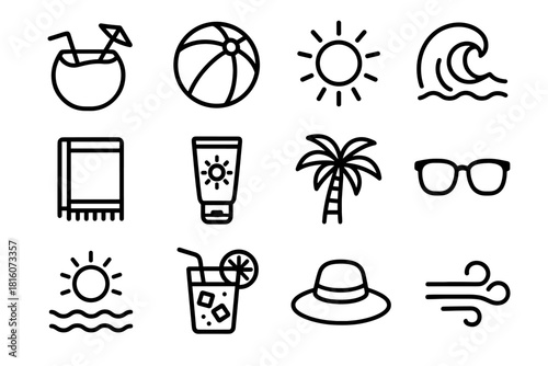 Tropical Beach Icons. Tropical Heat linear icon set: coconut drink, beach ball, sun glare, ocean wave, towel, sunscreen, palm tree, sunglasses, sun reflection, iced lemonade, straw