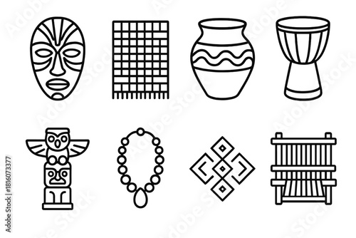 Tribal Cultural Icons. Cultural Art Forms linear icon set: tribal mask, woven fabric, clay pot, hand drum, carved totem, bead necklace, geometric pattern, textile loom