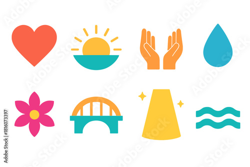 Emotional Recovery Icons. Emotional Recovery flat icon set: heart, sunrise, open hands, tear drop, flower bloom, bridge, light beam, calm wave