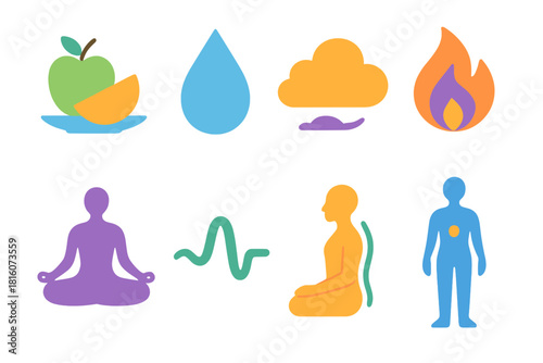 Minimalistic Wellness Icons. Wellness Fitness Set flat icon set: balanced meal, hydration droplet, rest cloud, calm flame, yoga pose, mindful breath line, posture arc, alignment