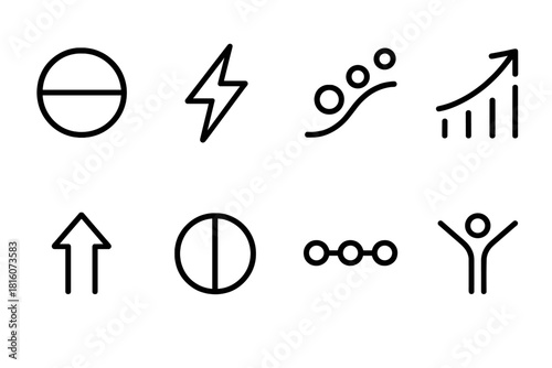 Dynamic Icon Collection. Active Lifestyle Planning Concepts linear icon set: balance circle, energy spark, wellness curve, growth arc, motivation arrow, alignment ring, consistency