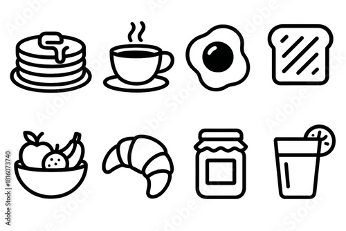 Breakfast Icons Array. Breakfast Creations linear icon set. pancakes, coffee cup, fried egg, toast, fruit bowl, croissant, jam jar, orange juice