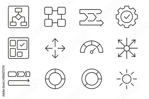 Operational Diagram Icons. Operational Systems Design Collection linear icon set: ops diagram, linked modules, process lane, flow curve, optimization icon, task board, system