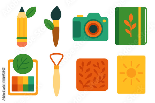Creative Nature Icons. Nature-inspired creativity tools flat icon set: sketch pencil, paintbrush, camera, field journal, color palette, clay tool, texture stamp, inspiration card