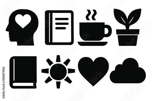 Brutalist Wellbeing Icons. Wellbeing Set silhouette icon set. head with heart, journal, tea cup, plant, book, sun, heart, cloud.