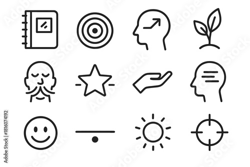 Mindset Growth Icons. Mindset Growth Icons linear icon set: reflection notebook, positive ripple, mindset shift arrow, resilience leaf, calm breath, encouragement star, supportive