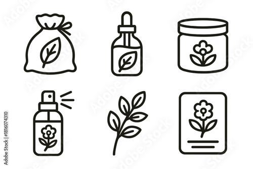 Botanical Icon Set. Botanical Care Set linear icon set: herbal sachet, leaf tincture, plant mask jar, floral mist, stem sprig, wellness card