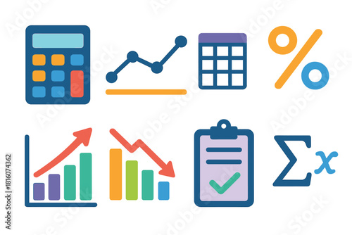 Data Analysis Icons. Statistical Insights flat icon set: calculator, graph, dataset, percentage symbol, histogram, trend arrow, clipboard, formula
