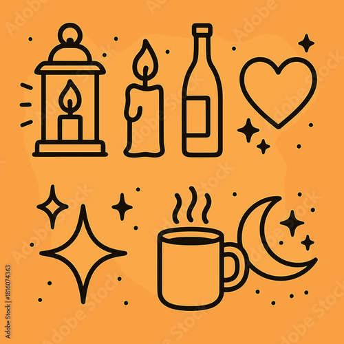 Candlelit Night Icons. Candlelit evening linear icon set : glowing lantern, candlelight, wine bottle, heart, star, sparkle aura, warm mug, night sky