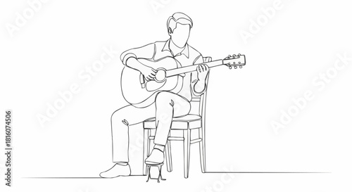 Line Art of a Musician Playing Guitar on a Chair.