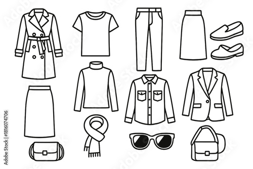 Capsule Wardrobe Icons. Capsule Closet Basics linear icon set. trench coat, crewneck tee, straight pants, slip-on shoes, midi skirt, turtleneck, denim shirt, loafers, crossbody bag