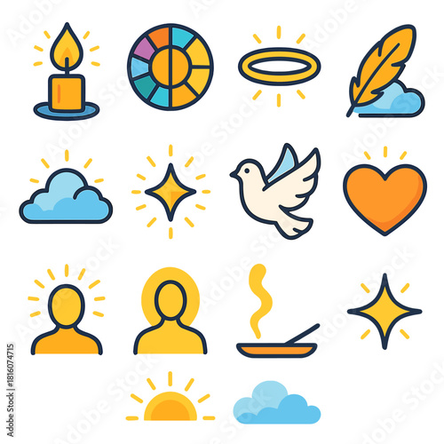 Sacred Symbol Icons. Sacred Glow flat icon set : candle flame, stained glass, halo, feather, soft cloud, radiant star, dove, glowing heart, sunrise beam, golden aura, incense smoke