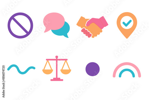 Respectful Communication Icons. Respectful Communication flat icon set: boundary circle, open dialogue bubble, respectful gesture, trust marker, calm tone line, fairness scale