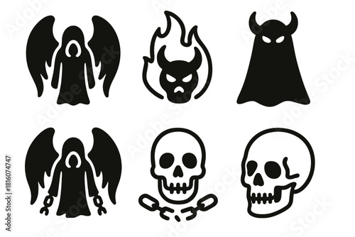 Fallen Spirits Icons. Fallen Spirits linear icon set: dark wing, flame, horn, shadow figure, broken chain, skull