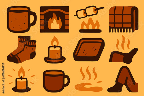 Fireside Icon Set. Fireside Cocoa silhouette icon set. rustic mug, fireplace background, melting marshmallows, wool blanket, cozy socks, candlelight, wooden tray, hot drink steam