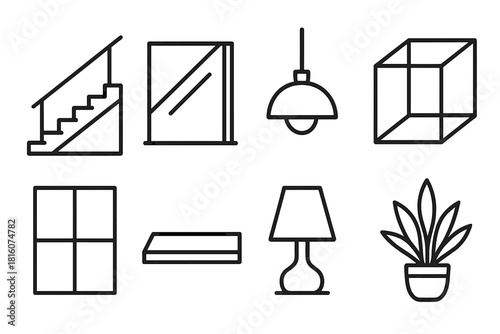 Modern Interior Icons. Contemporary Interiors linear icon set: staircase, glass railing, pendant light, steel frame, wall panel, table surface, lamp, decor plant