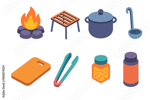 Wilderness Cooking Icons. Wilderness Cooking Gear flat icons set. fire pit, metal grate, soup pot, ladle, chopping board, tongs, spice jar, thermos