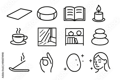 Minimalist Zen Icons. Mindful home linear icon set: yoga mat, cushion, book, candle, tea cup, open space, sunlight beam, tidy shelf, pebble, incense stick, hand, calm aura