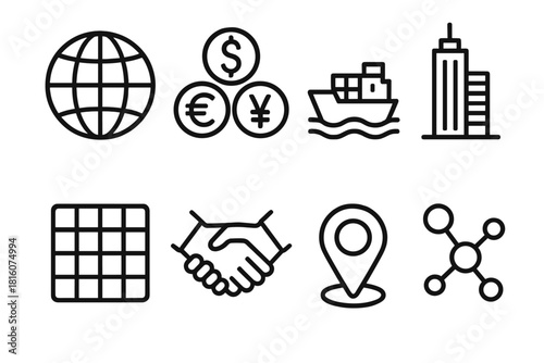 Global Economy Icons. Global Economy linear icon set: globe, currency symbols, cargo ship, skyscraper, data grid, handshake, map pin, network lines