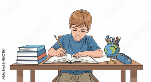 Young boy diligently studying at a desk with books and globe.