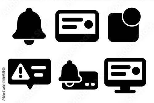 Bold Notification Icons. System Notifications silhouette icon set: bell icon, toast popup, badge counter, banner alert, system tray icon, desktop alert