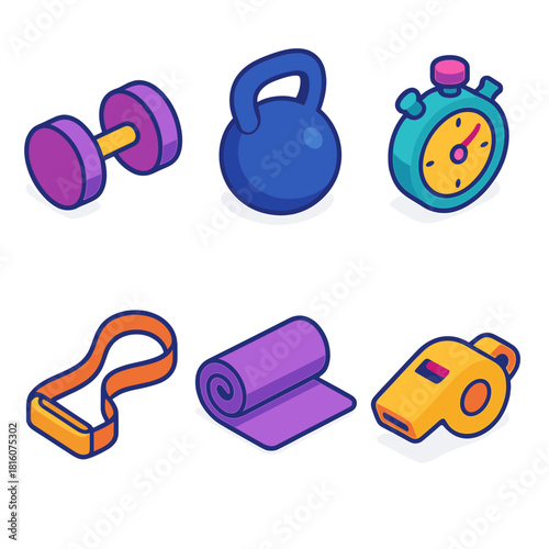 Fitness Equipment Icons. Training Tools flat icon set: dumbbell, kettlebell, stopwatch, resistance band, mat, whistle