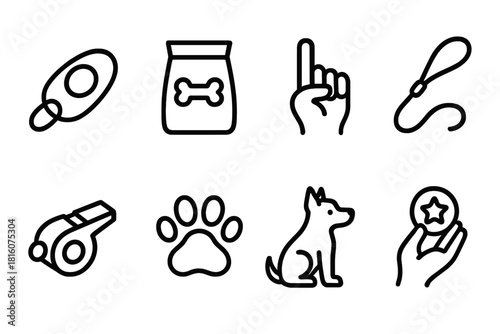 Pet Training Icons. Pet Training Behavior Set linear icon set. clicker, treat bag, hand gesture, leash, whistle, paw print, dog, reward.