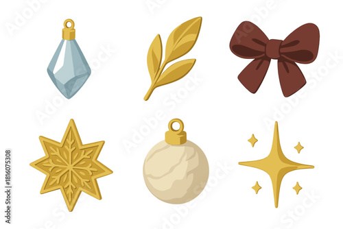 Sophisticated Decor Icons. Sophisticated Decor flat icon set : crystal drop, gold leaf, velvet bow, ornate star, marble bauble, radiant sparkle