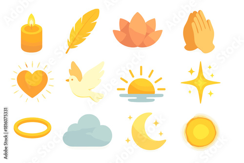 Spiritual Icon Set. Spiritual Reflection flat icon set : candlelight, feather, lotus petal, folded hands, glowing heart, dove, sunrise, radiant star, halo ring, soft cloud, moon