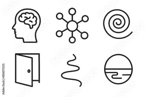 Mind Mapping Icons. Thought Exploration Set linear icon set: mind outline, branching nodes, thought swirl, open door, winding path, reflective circle