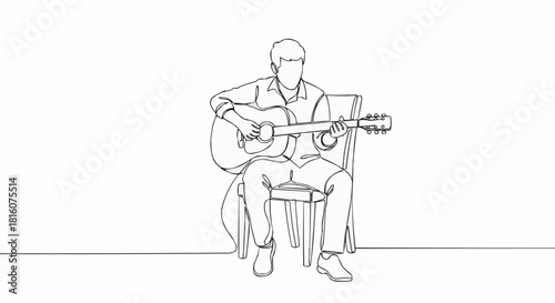 Man Sitting and Playing Guitar in a Minimalist Line Drawing Style.