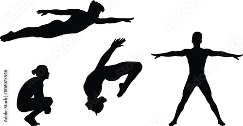 Silhouettes of male athletes performing various dynamic acrobatic, parkour, or gymnastics movements, including a flying dive, a back handspring flip, a squatting pose, and a star jump or spread-eagle 