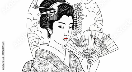 Elegant Japanese Geisha in Traditional Kimono Holding a Fan.