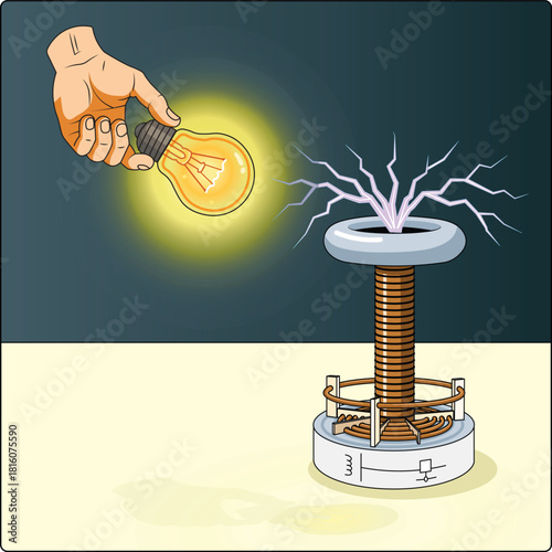 Tesla Coil Wireless Power – Lighting an Incandescent Bulb, Vector Illustration