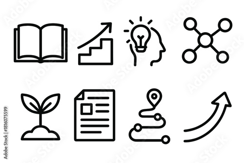 Knowledge Expansion Icons. Knowledge Growth Pathways linear icon set: open book, rising arrow, learning steps, insight spark, concept nodes, growth leaf, study sheet, progress path