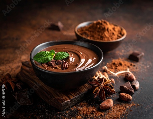 Chocolate pudding with ingredients on dark brown background