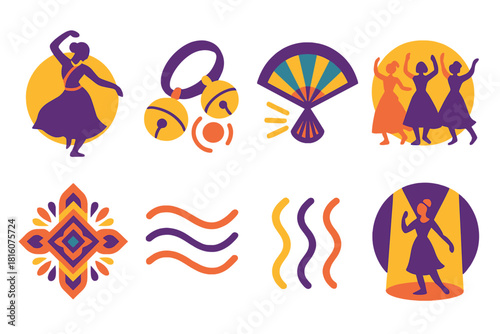 Heritage Dance Icons. Heritage Dance Forms flat icon set: dancer silhouette, ankle bells, drumbeat circle, fan flourish, group dance, cultural motif, rhythm lines, performance