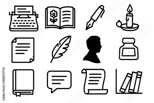 Literary Icons. Literary inspiration linear icon set: typewriter, poetry book, fountain pen, candle, vintage paper, feather, author silhouette, inkwell, journal, quote bubble